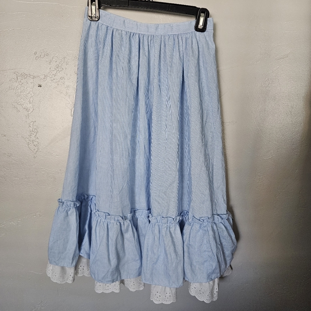 Candi Vintage Women's Medium Light Blue White Pinstriped Midi Skirt Ruffle Lace
